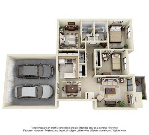Floor plan for 3 beds, 2 baths, 1080 sqft
